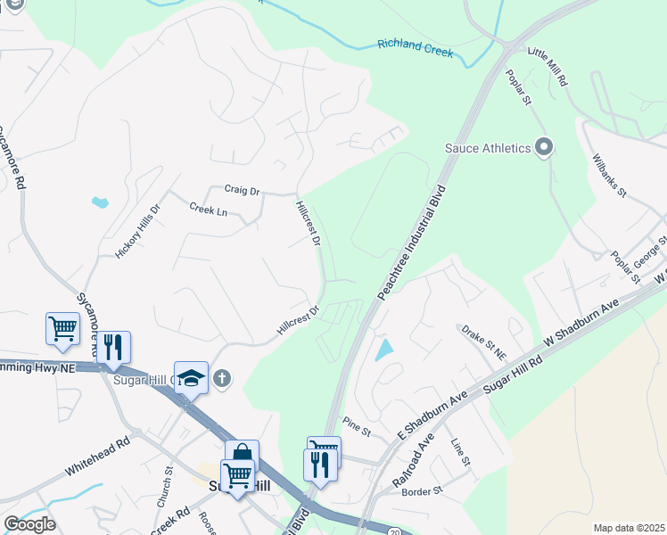map of restaurants, bars, coffee shops, grocery stores, and more near 1439 Hillcrest Drive in Sugar Hill