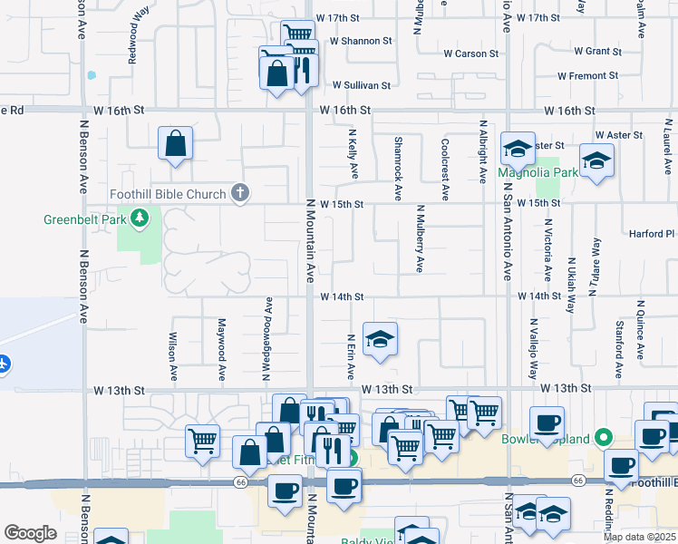 map of restaurants, bars, coffee shops, grocery stores, and more near 1428 North Erin Avenue in Upland