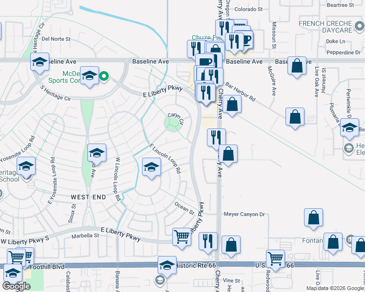 map of restaurants, bars, coffee shops, grocery stores, and more near 14282 Tuolumne Court in Fontana
