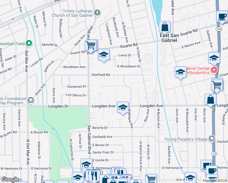 map of restaurants, bars, coffee shops, grocery stores, and more near 6359 Longmont Avenue in San Gabriel