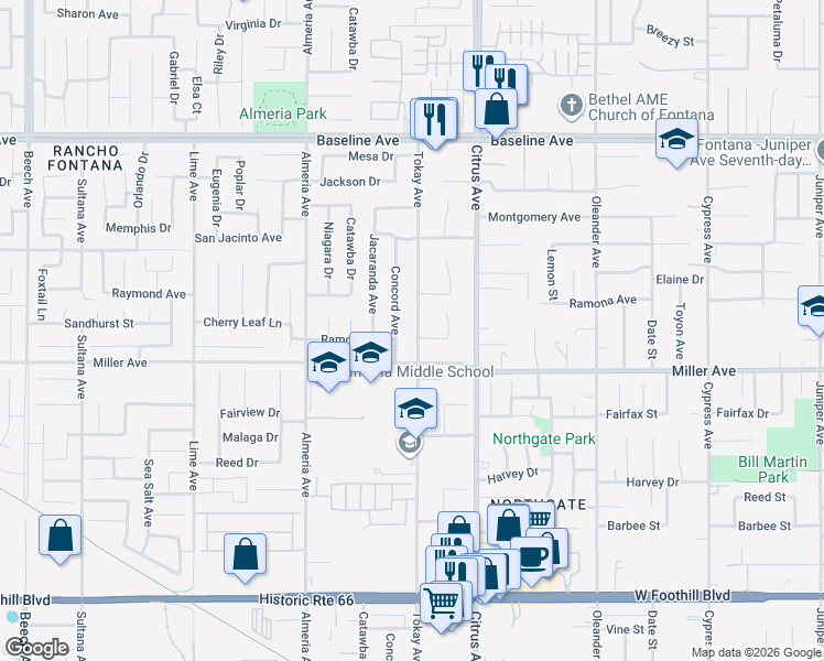 map of restaurants, bars, coffee shops, grocery stores, and more near 7650 Tokay Avenue in Fontana