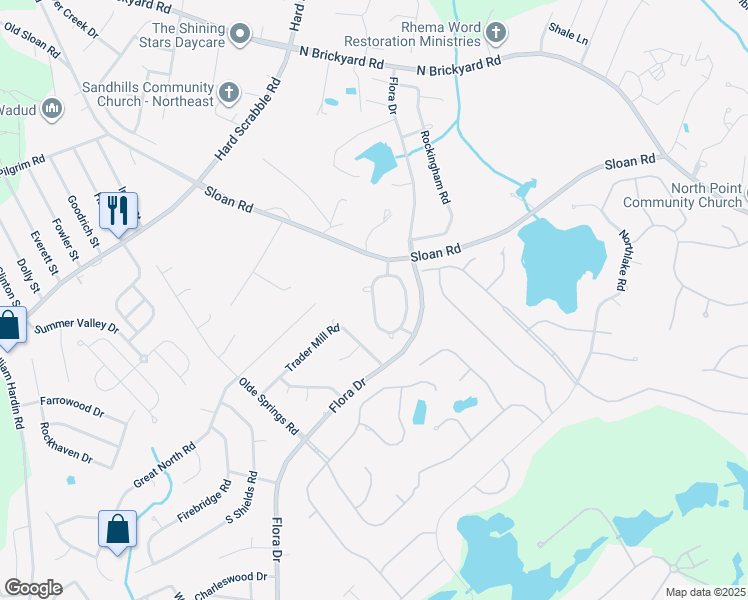 map of restaurants, bars, coffee shops, grocery stores, and more near Flora Springs Circle in Columbia