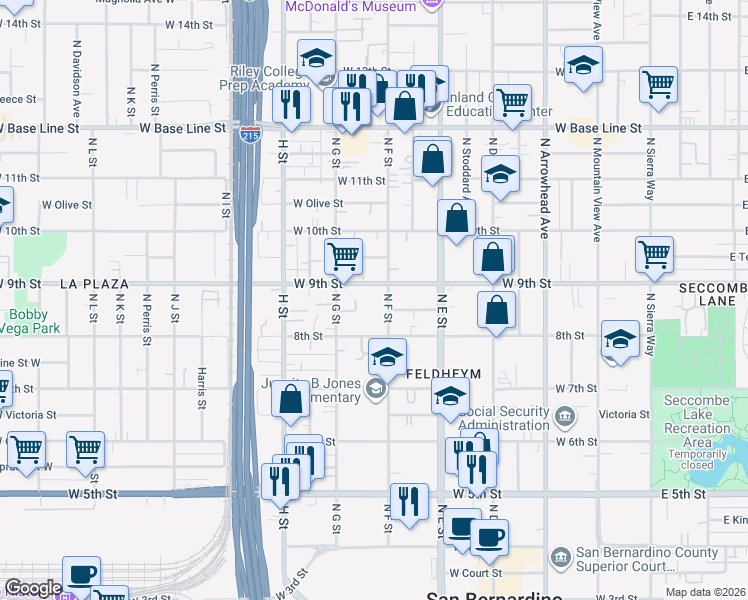 map of restaurants, bars, coffee shops, grocery stores, and more near 862 North F Street in San Bernardino