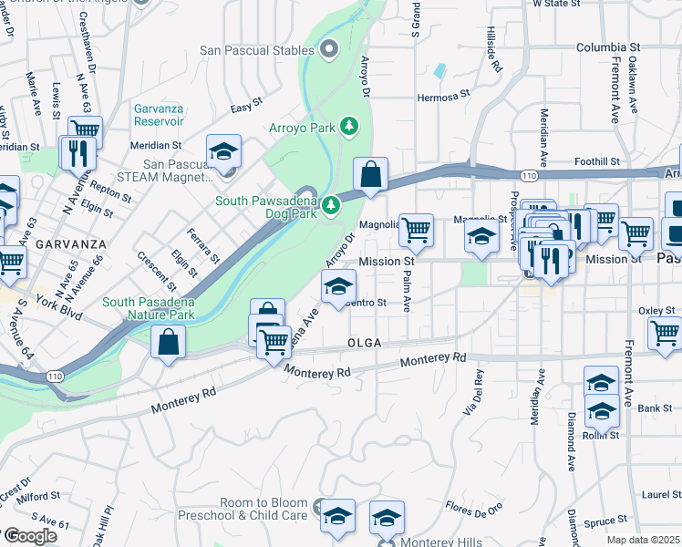 map of restaurants, bars, coffee shops, grocery stores, and more near 341 Pasadena Avenue in South Pasadena