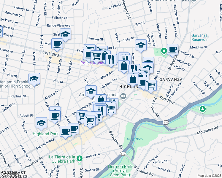 map of restaurants, bars, coffee shops, grocery stores, and more near 6154 Mount Angelus Drive in Los Angeles