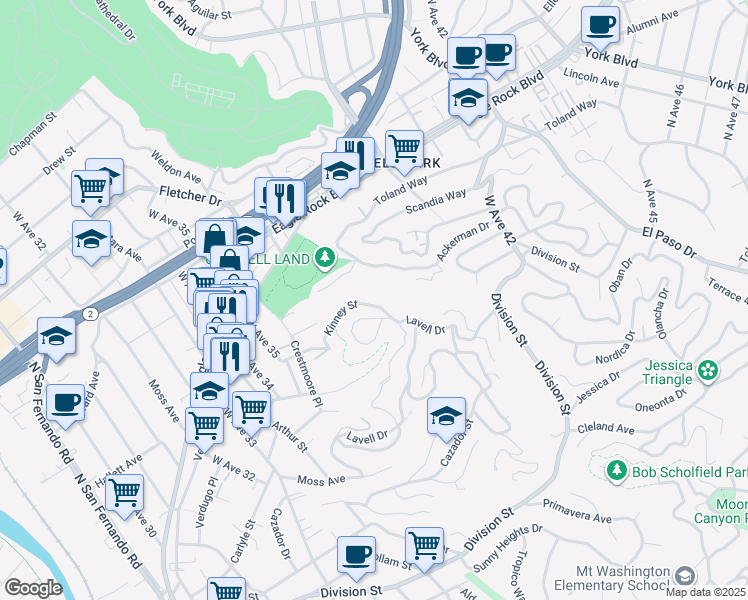 map of restaurants, bars, coffee shops, grocery stores, and more near 3641 Kinney Place in Los Angeles