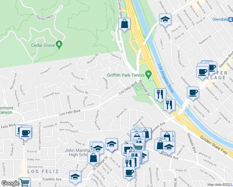 map of restaurants, bars, coffee shops, grocery stores, and more near 3800 Los Feliz Boulevard in Los Angeles