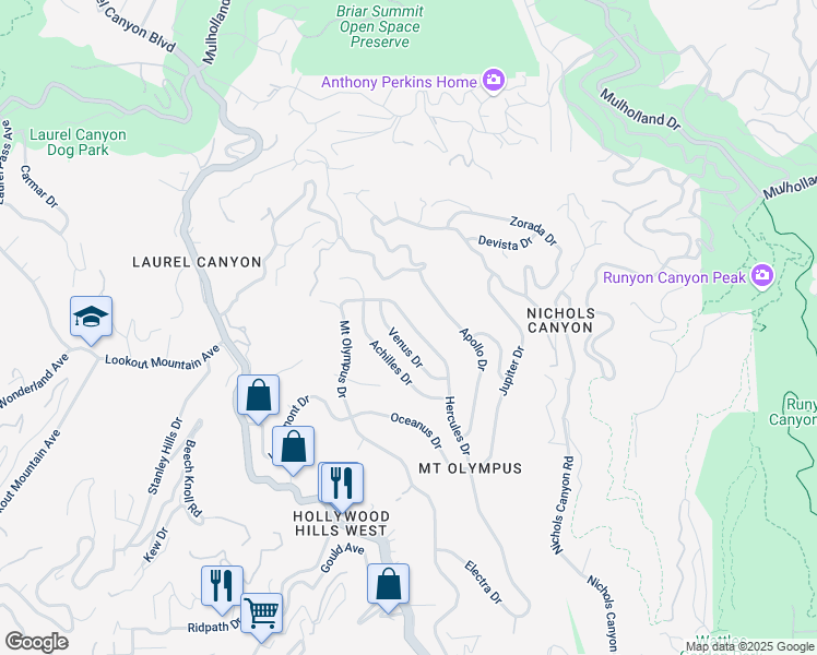 map of restaurants, bars, coffee shops, grocery stores, and more near 2367 Hercules Drive in Los Angeles