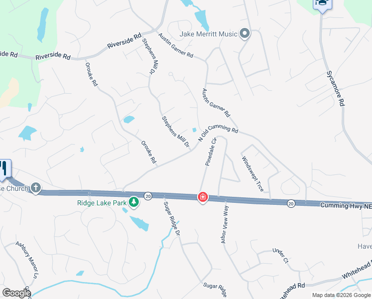 map of restaurants, bars, coffee shops, grocery stores, and more near 5480 Stephens Mill Drive in Buford