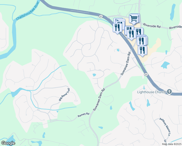 map of restaurants, bars, coffee shops, grocery stores, and more near 396 Ridge Walk Court in Sugar Hill