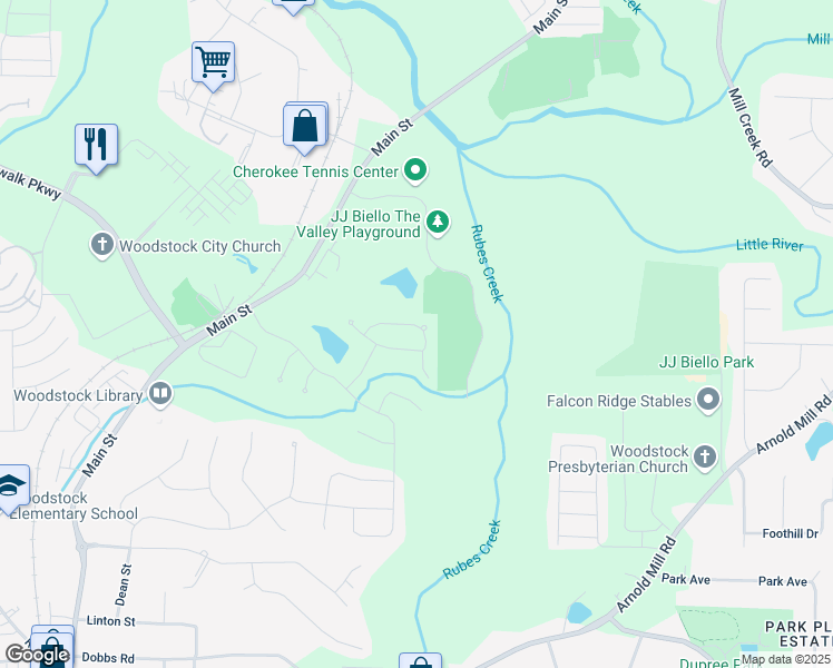 map of restaurants, bars, coffee shops, grocery stores, and more near 331 Spotted Ridge Circle in Woodstock