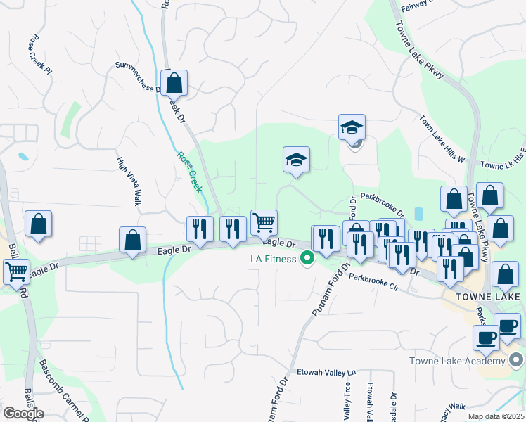 map of restaurants, bars, coffee shops, grocery stores, and more near 110 West Putnam Ferry Road in Woodstock