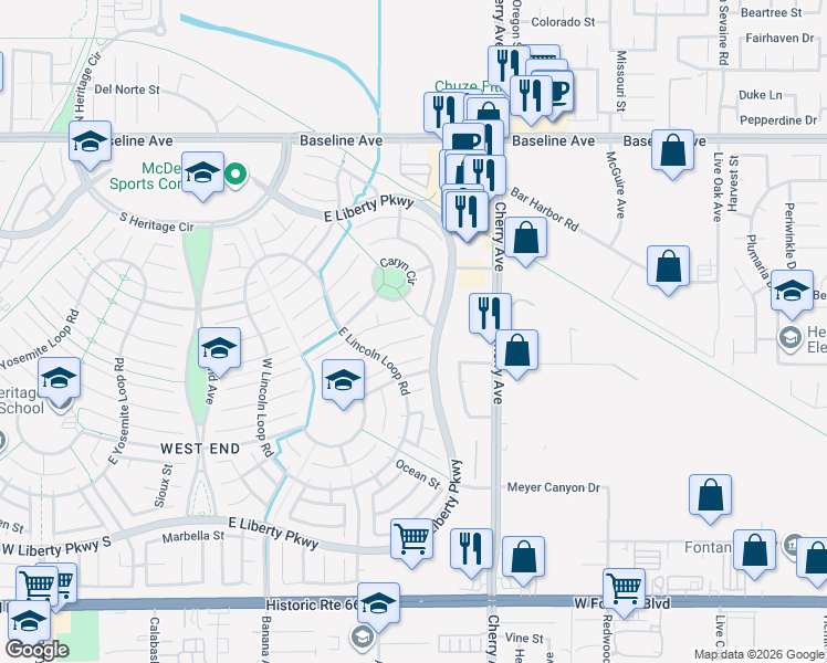 map of restaurants, bars, coffee shops, grocery stores, and more near 14250 Plumas Court in Fontana