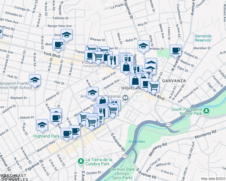 map of restaurants, bars, coffee shops, grocery stores, and more near 6154 Mount Angelus Drive in Los Angeles