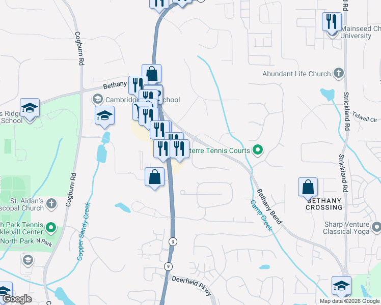 map of restaurants, bars, coffee shops, grocery stores, and more near 1050 South Bethany Creek Drive in Alpharetta