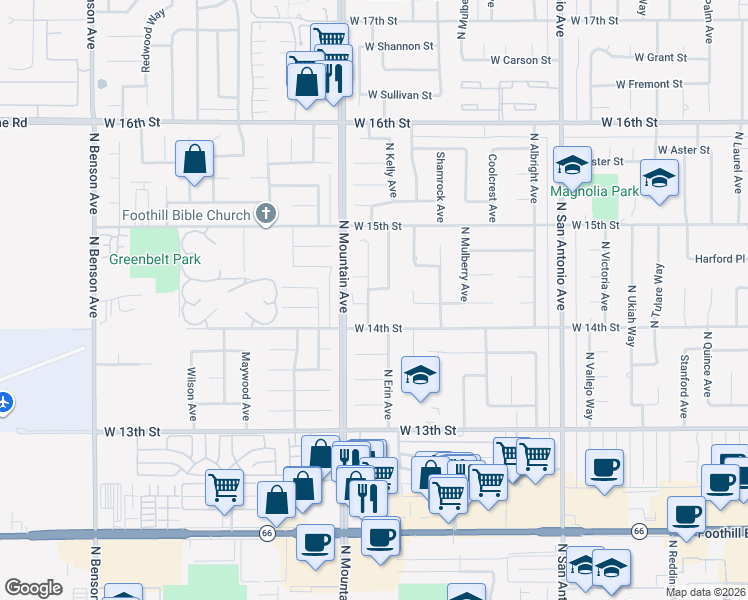 map of restaurants, bars, coffee shops, grocery stores, and more near 1428 North Erin Avenue in Upland