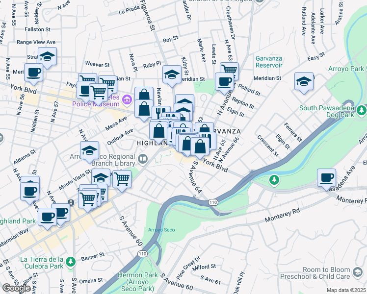 map of restaurants, bars, coffee shops, grocery stores, and more near 6235 York Boulevard in Los Angeles