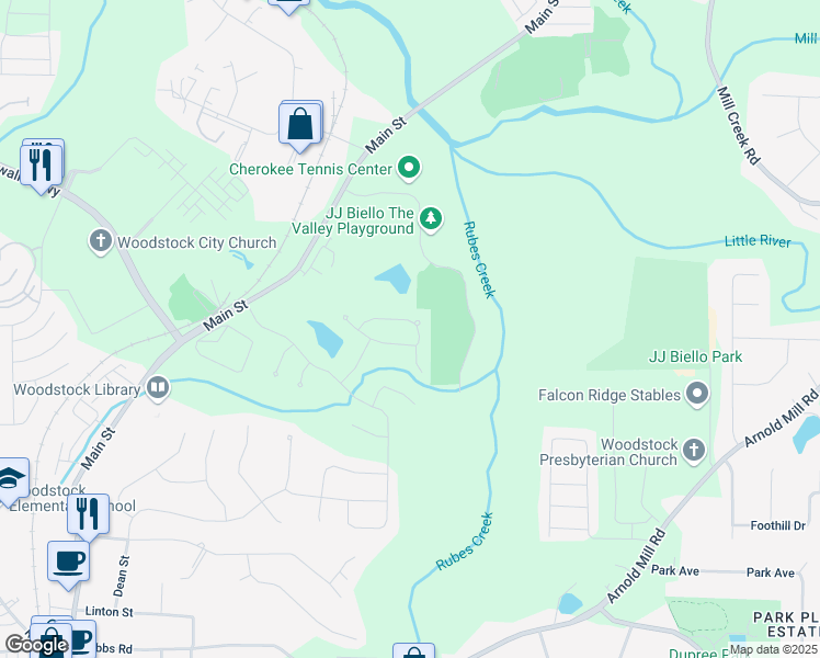 map of restaurants, bars, coffee shops, grocery stores, and more near 331 Spotted Ridge Circle in Woodstock