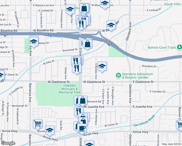 map of restaurants, bars, coffee shops, grocery stores, and more near 435 West Gladstone Street in Glendora