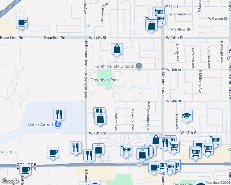 map of restaurants, bars, coffee shops, grocery stores, and more near 1416 West Lemonwood Drive in Upland