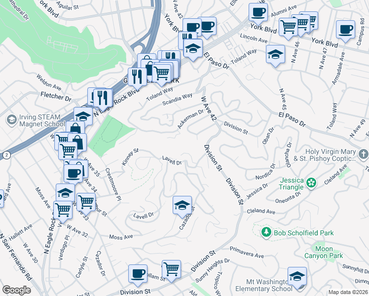 map of restaurants, bars, coffee shops, grocery stores, and more near Barryknoll Drive in Los Angeles