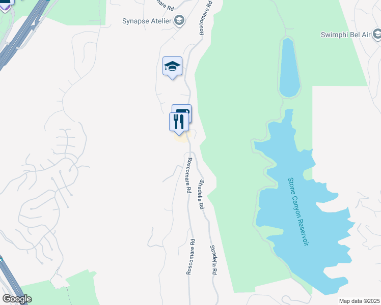 map of restaurants, bars, coffee shops, grocery stores, and more near Roscomare Rd & Stradella Rd in Los Angeles