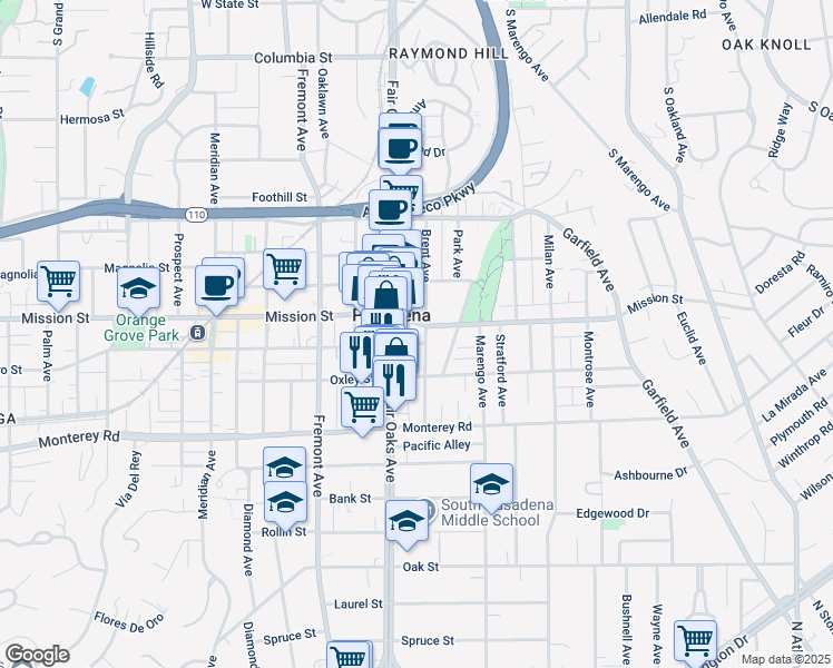 map of restaurants, bars, coffee shops, grocery stores, and more near 1026 Brent Avenue in South Pasadena