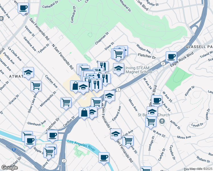 map of restaurants, bars, coffee shops, grocery stores, and more near 3040 Roswell Street in Los Angeles