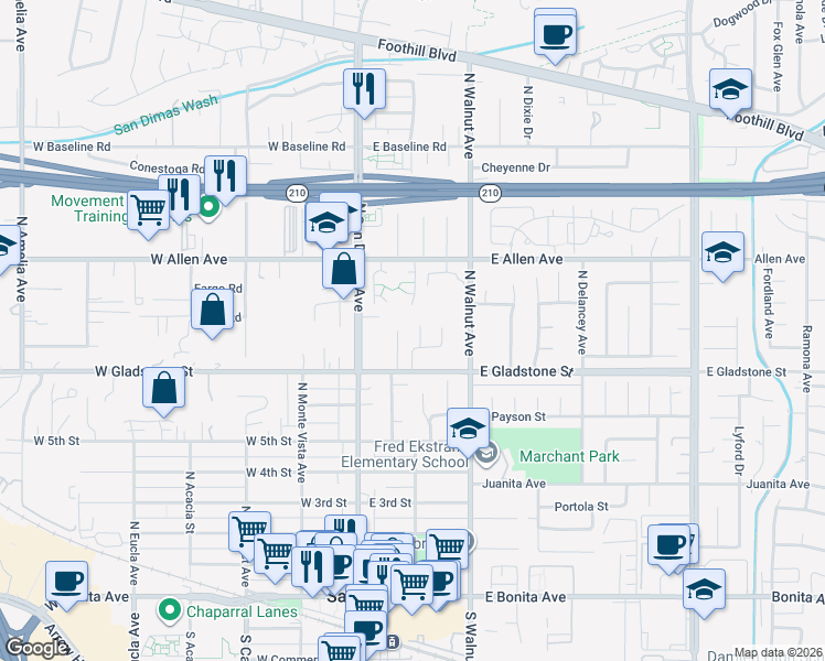 map of restaurants, bars, coffee shops, grocery stores, and more near 751 Santa Fe Court in San Dimas