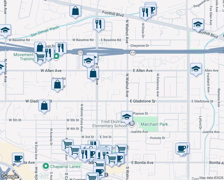 map of restaurants, bars, coffee shops, grocery stores, and more near 751 Santa Fe Court in San Dimas
