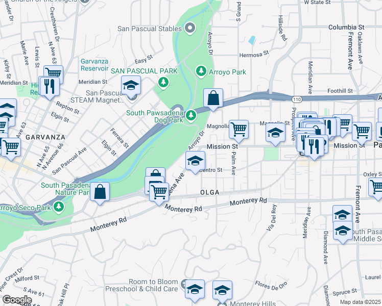 map of restaurants, bars, coffee shops, grocery stores, and more near 390 Pasadena Avenue in South Pasadena