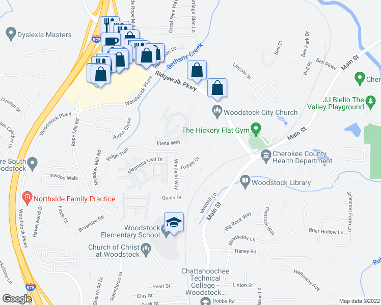 map of restaurants, bars, coffee shops, grocery stores, and more near 215 Mincey Way in Woodstock