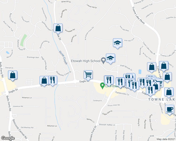 map of restaurants, bars, coffee shops, grocery stores, and more near 110 West Putnam Ferry Road in Woodstock