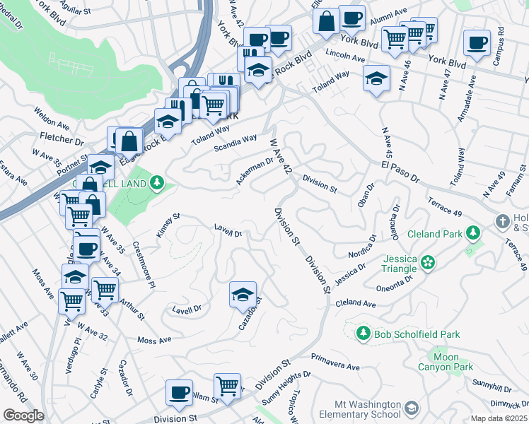 map of restaurants, bars, coffee shops, grocery stores, and more near 3701 Barryknoll Drive in Los Angeles