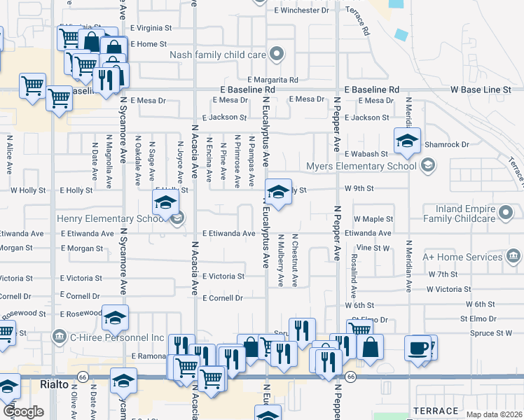 map of restaurants, bars, coffee shops, grocery stores, and more near 866 North Eucalyptus Avenue in Rialto