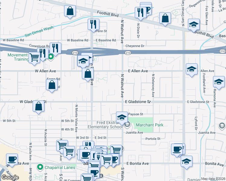 map of restaurants, bars, coffee shops, grocery stores, and more near 757 Yuma Court in San Dimas