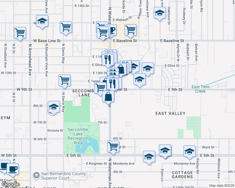 map of restaurants, bars, coffee shops, grocery stores, and more near 407 E 9th St in San Bernardino