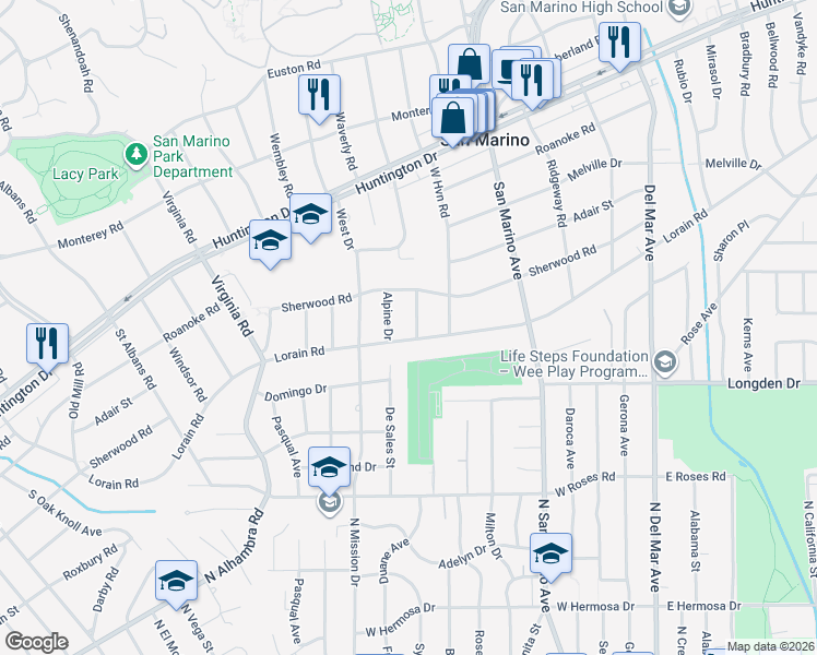 map of restaurants, bars, coffee shops, grocery stores, and more near 1867 Carlisle Drive in San Marino