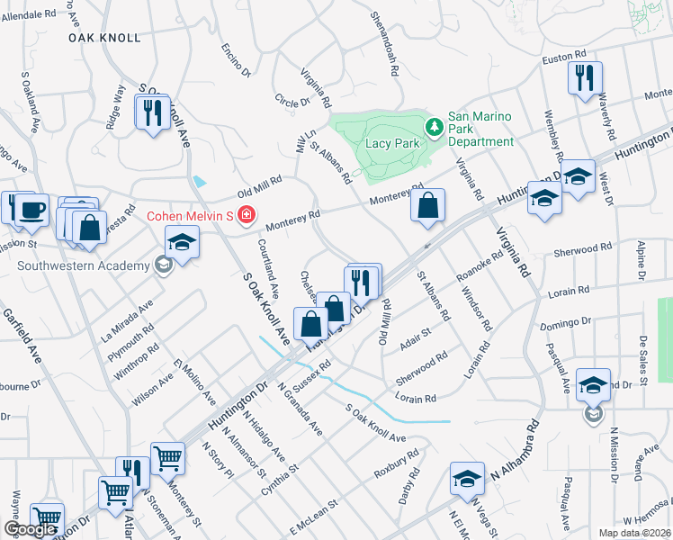 map of restaurants, bars, coffee shops, grocery stores, and more near 1477 Old Mill Road in San Marino