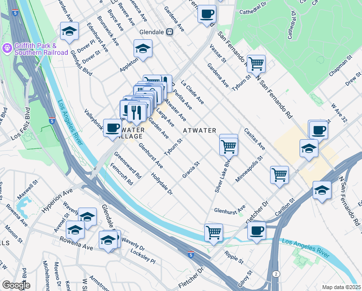 map of restaurants, bars, coffee shops, grocery stores, and more near 3410 Larga Avenue in Los Angeles
