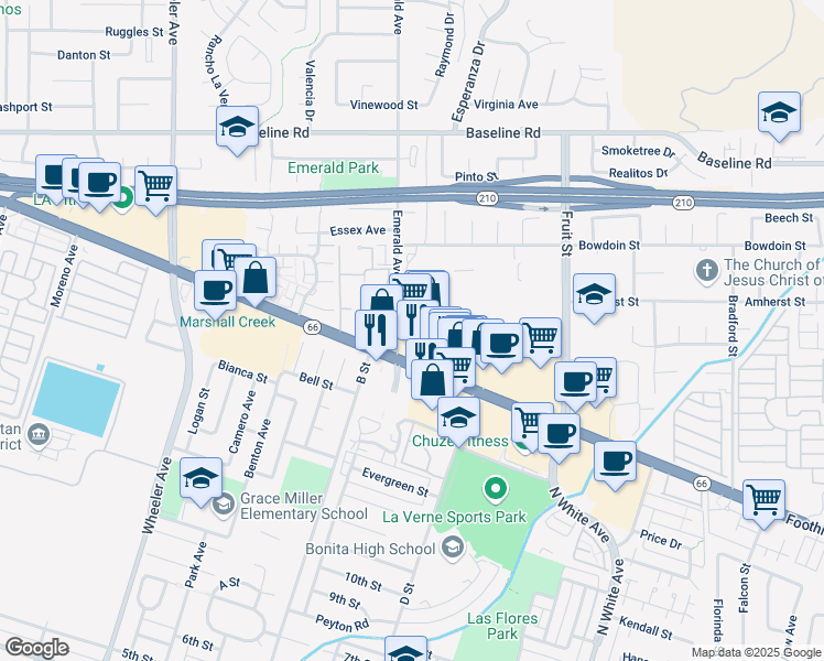 map of restaurants, bars, coffee shops, grocery stores, and more near 3836 Emerald Avenue in La Verne