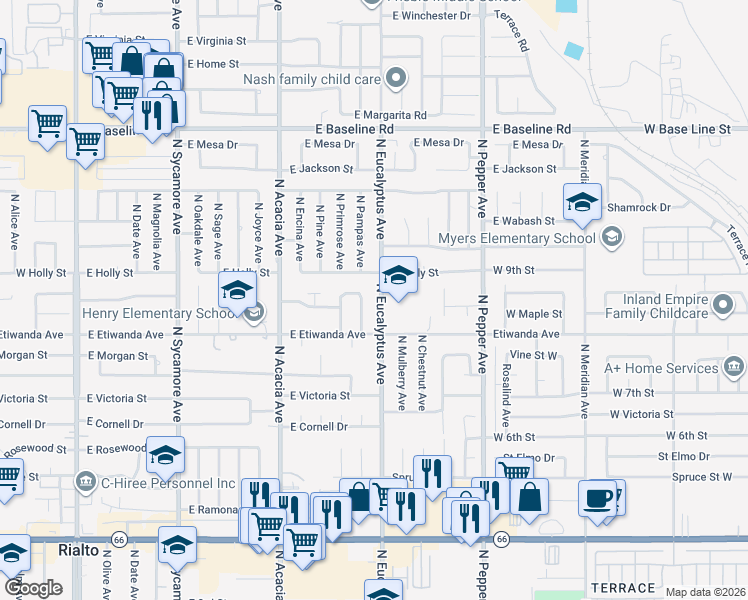 map of restaurants, bars, coffee shops, grocery stores, and more near 866 North Eucalyptus Avenue in Rialto