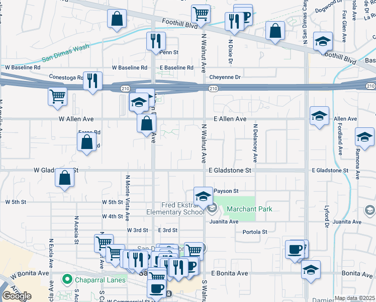 map of restaurants, bars, coffee shops, grocery stores, and more near 757 Yuma Court in San Dimas