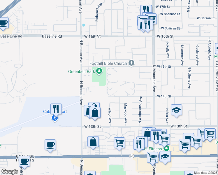 map of restaurants, bars, coffee shops, grocery stores, and more near 1418 West Lemonwood Drive in Upland