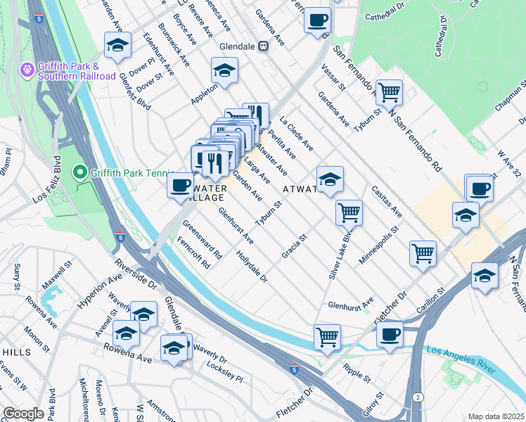 map of restaurants, bars, coffee shops, grocery stores, and more near 3406 Garden Avenue in Los Angeles