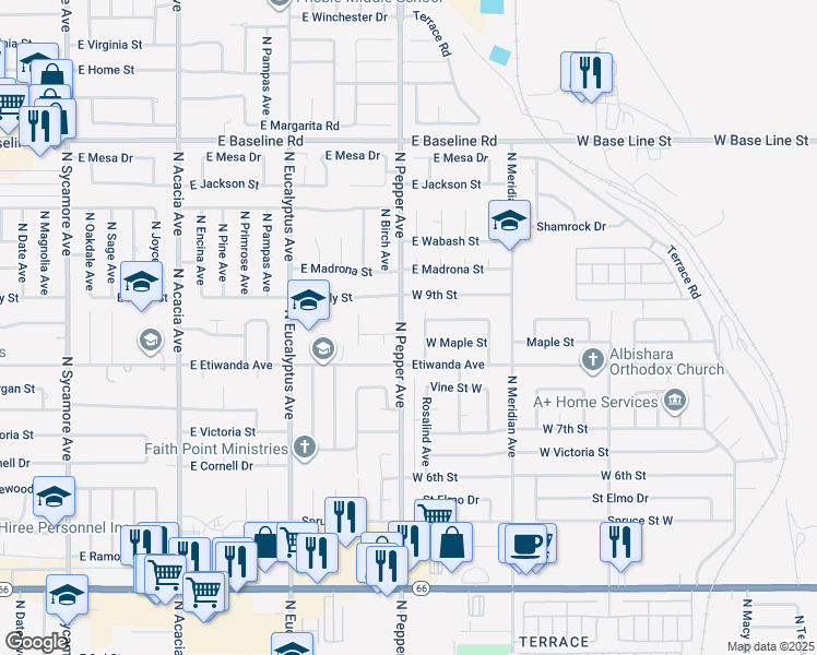 map of restaurants, bars, coffee shops, grocery stores, and more near 849 North Pepper Avenue in Rialto
