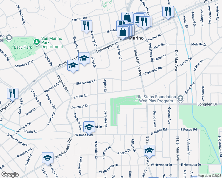 map of restaurants, bars, coffee shops, grocery stores, and more near 1867 Carlisle Drive in San Marino