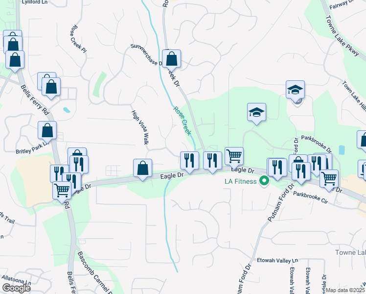 map of restaurants, bars, coffee shops, grocery stores, and more near 205 Wellesley Court in Woodstock