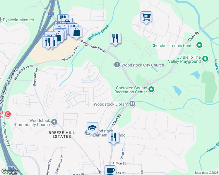 map of restaurants, bars, coffee shops, grocery stores, and more near 329 Tuggle Court in Woodstock