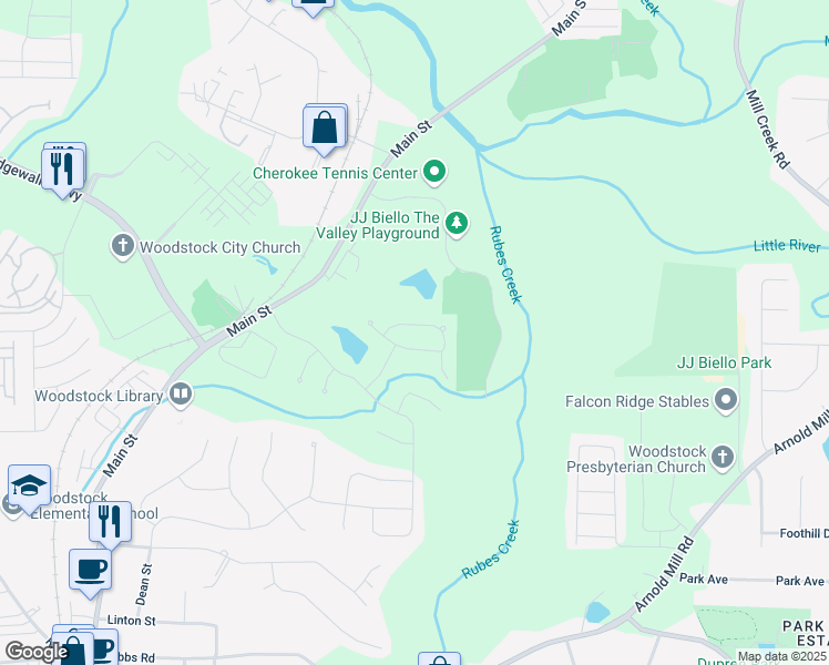 map of restaurants, bars, coffee shops, grocery stores, and more near 337 Spotted Ridge Circle in Woodstock